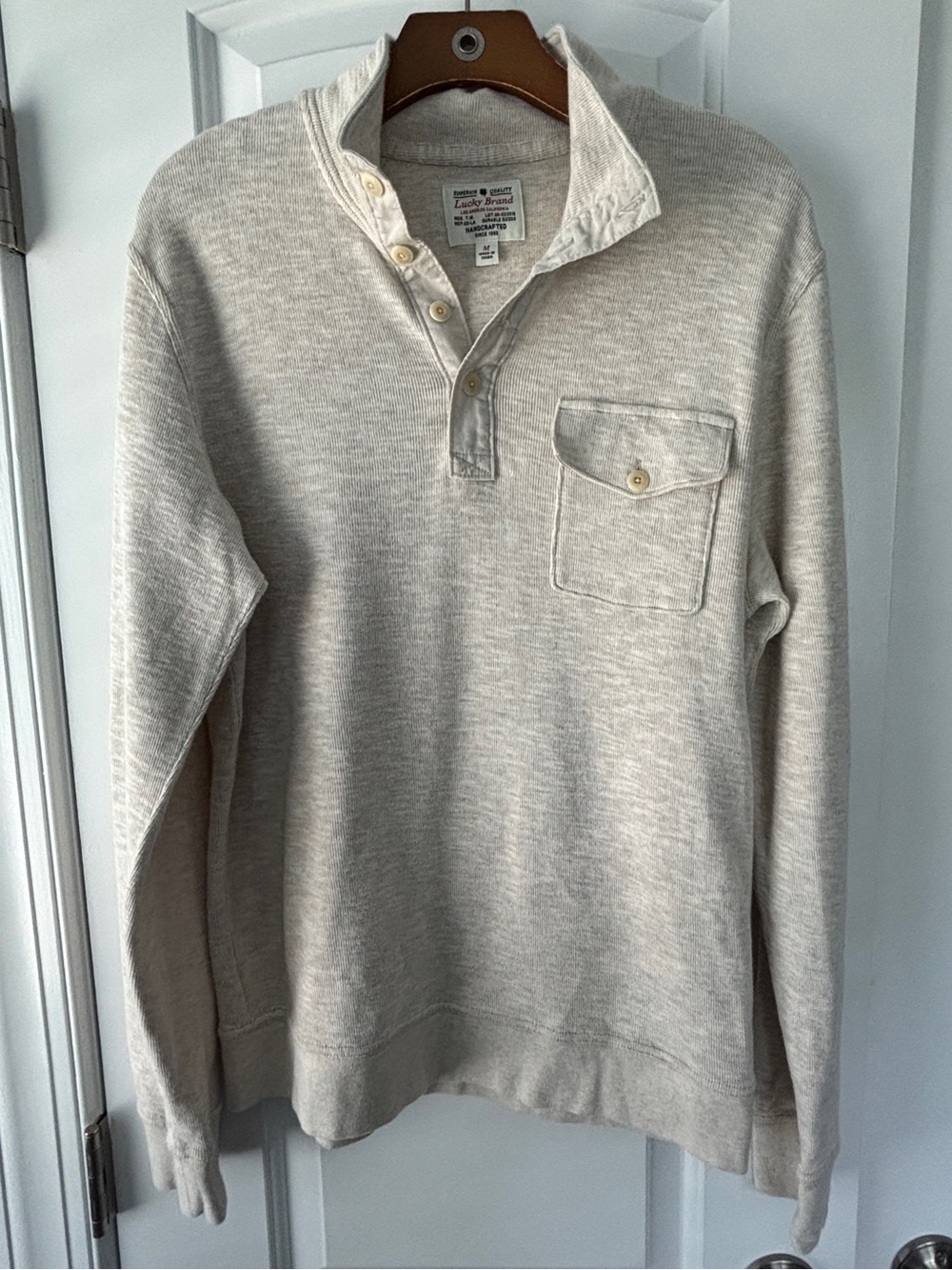 Lucky Brand Men's V-Neck Pullover Sweater in Light Beige with Chest Pocket - M